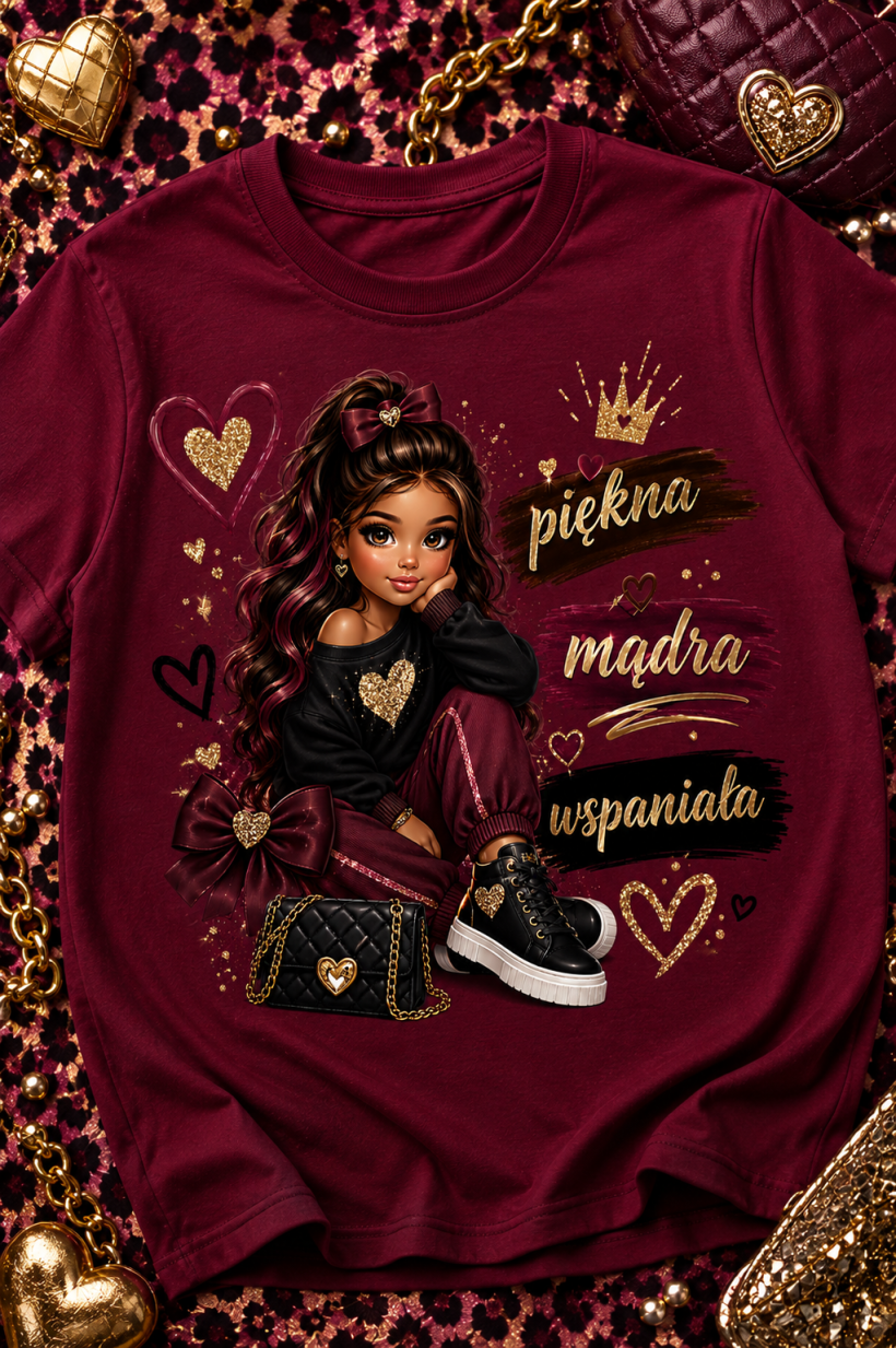 ZA T-shirt BORDO - piękna, mądra, wspaniała - BRUNETKA
