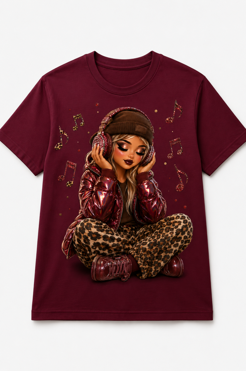 ZA T-shirt BORDO - dziewczyna w słuchawkach 