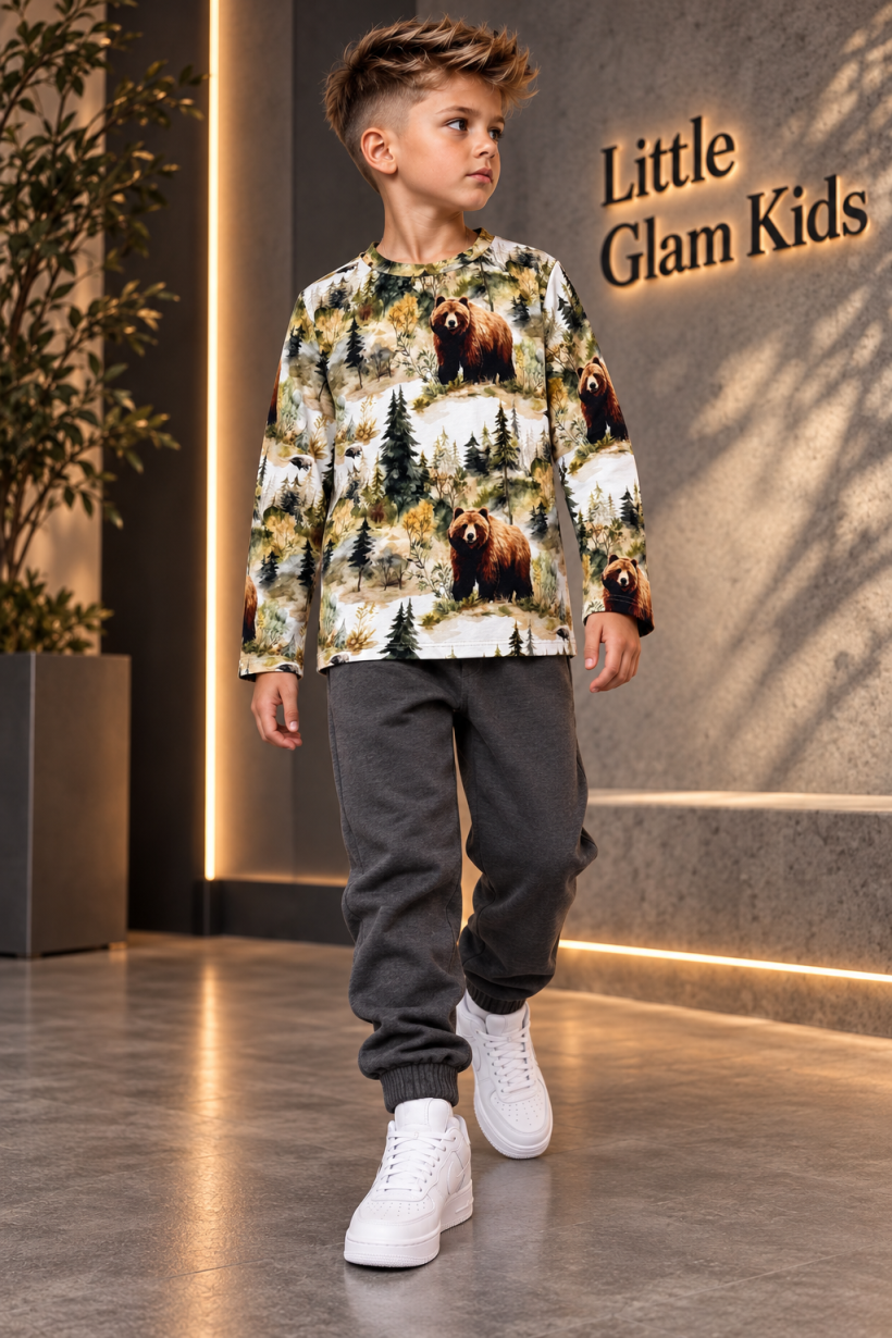 W Bluza PRINT NIEDZWIEDZIE  2308A -ZIELONY/BEŻ/BIAŁY