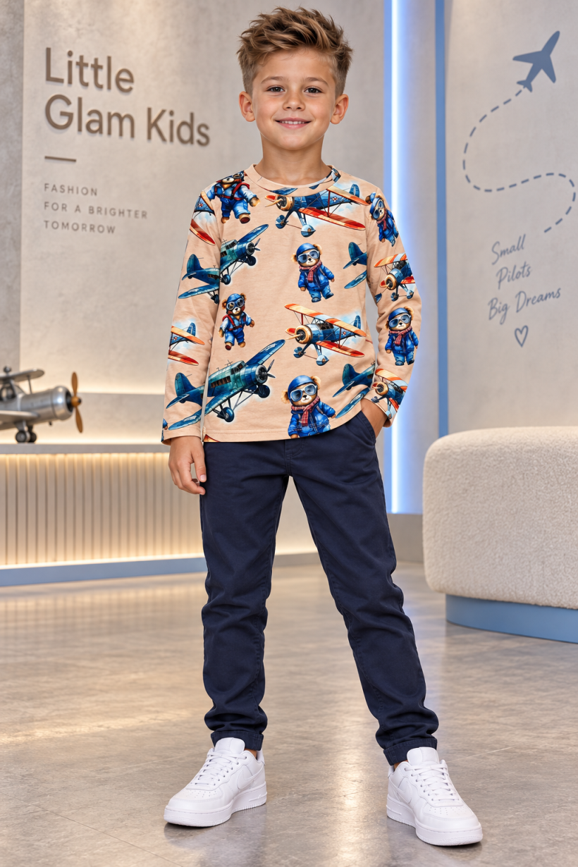 W Bluza PRINT  MIŚ I SAMOLOTY 2308A -KARMEL