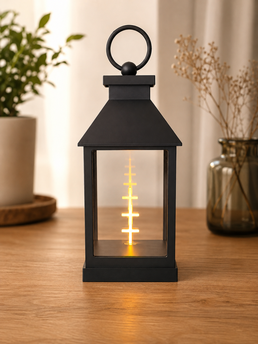 Znicz lampion LED 3D z podświetlanym krzyżem czarny 36 cm