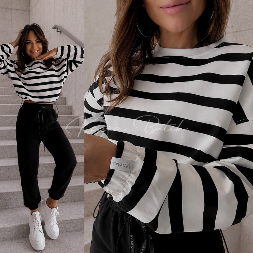 Bluza z bawełną STRIPES BY MIA - czarny&ecru