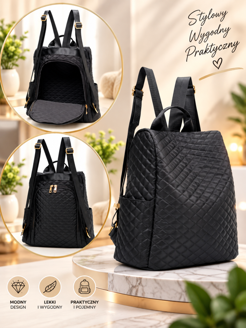 Plecak uniwersalny czarny pikowany wzór w romby 30 × 23 × 13 cm
