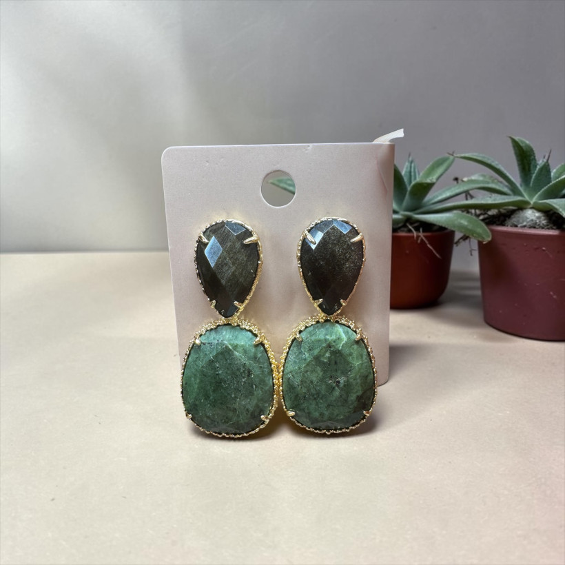 Boucles d oreilles variscite/obsidienne doré 