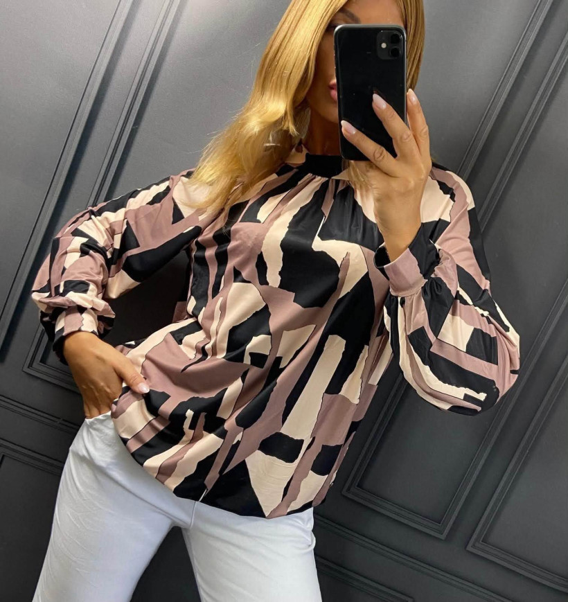 Bluzka damska plus size Amalia wzorzysta z gumką i wiązaniem – Włochy