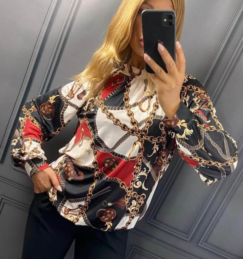 Bluzka damska plus size Verona z gumką i wiązaniem – wzór łańcuchy, Włochy