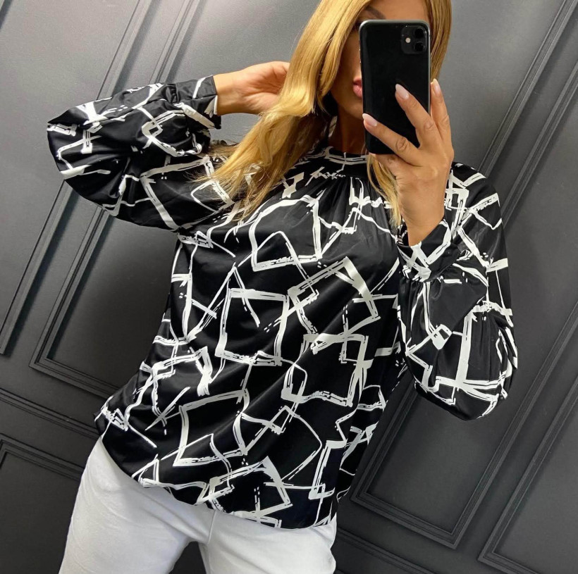 Bluzka damska plus size Bianca czarno-biała z gumką i wiązaniem – Włochy