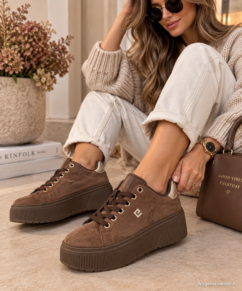 Sneakersy wysoka platforma 26693 zamszowe błyszcząca ozdoba 
