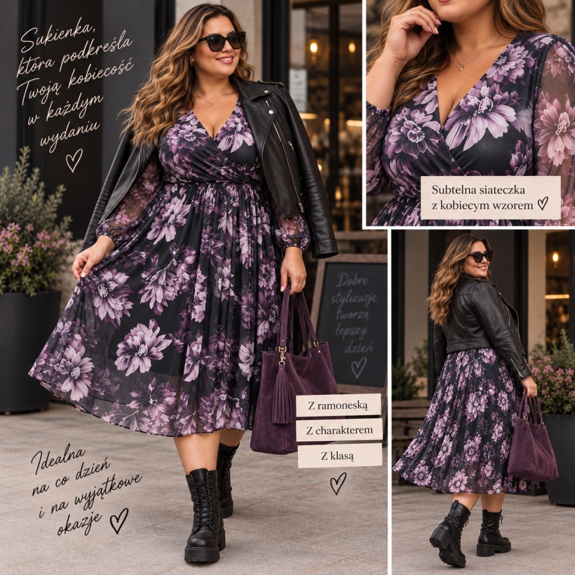 Sukienka siateczkowa w kwiaty plus size Fiorella – kopertowy dekolt, włoska produkcja
