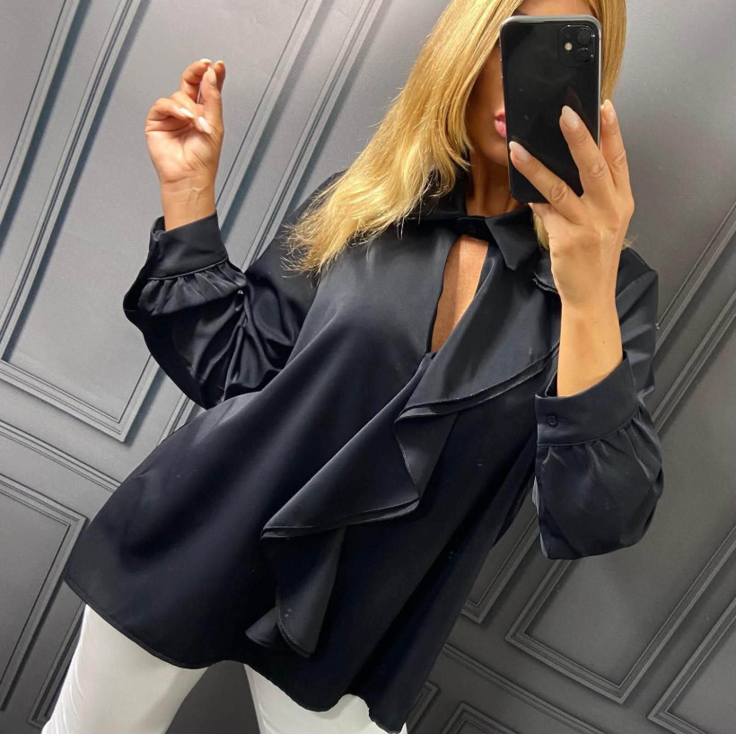 Bluzka damska z żabotem LORETTA – elegancka bluzka z kołnierzykiem, większy rozmiar, włoska