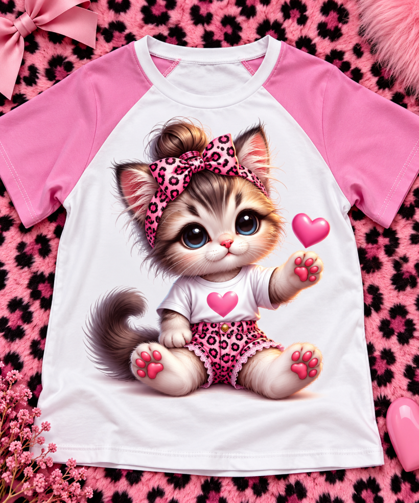 Z W T-SHIRT  BIAŁY 0505- RĘKAWY /CUKIERKOWY RÓŻ - kotek  z  serduszkiem na bluzeczce 
