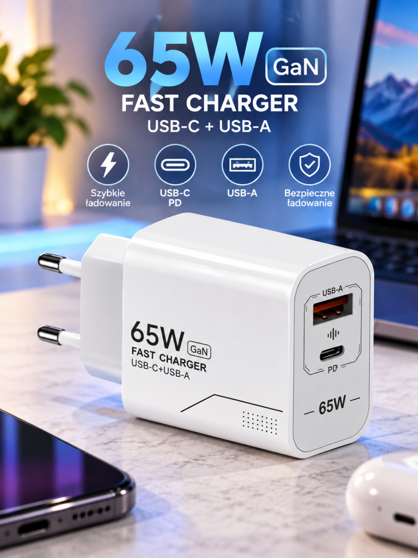 Ładowarka sieciowa GaN 65W USB-C PD + USB-A szybkie ładowanie EU