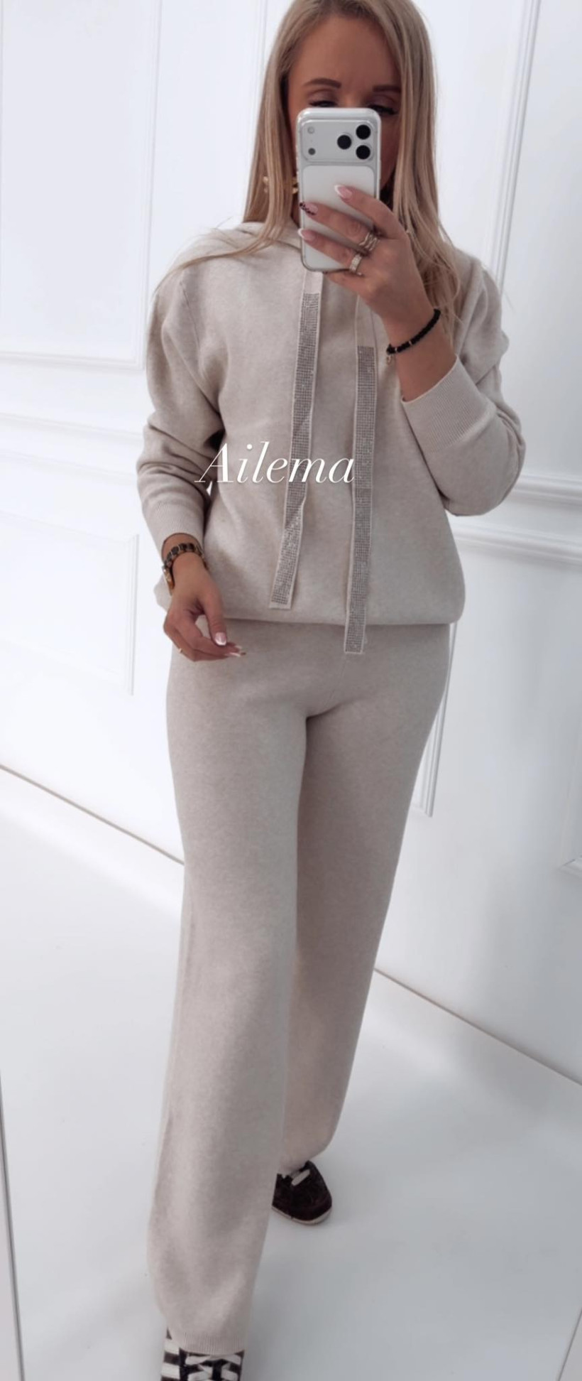 Komplet sweterkowy 26C8807-2 bluza z kapturem i spodnie wide leg
