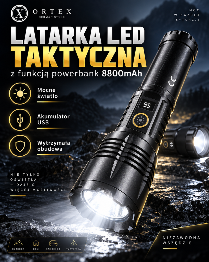 Latarka LED TAKTYCZNA z funkcją POWERBANK 8800 mAh