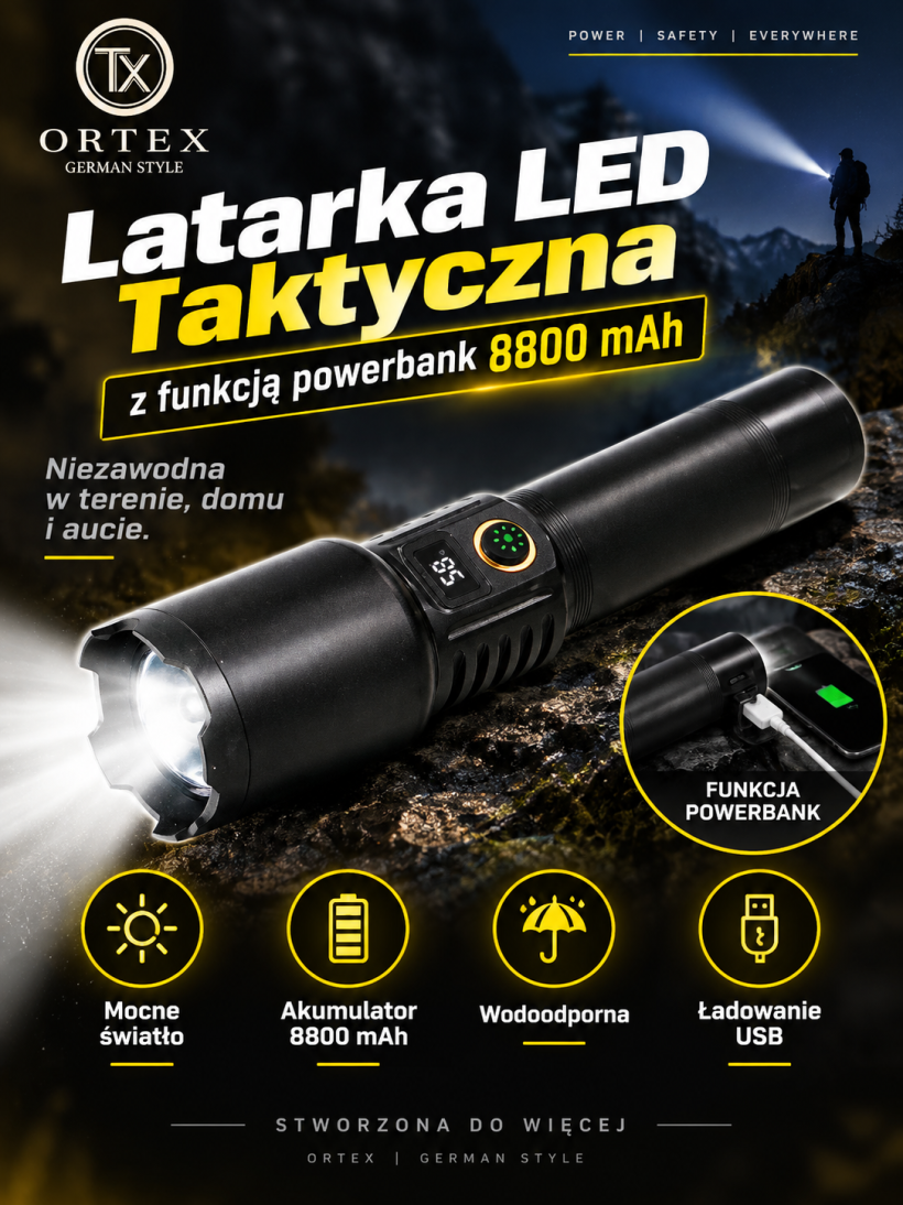 Latarka LED TAKTYCZNA z funkcją POWERBANK 8800 mAh