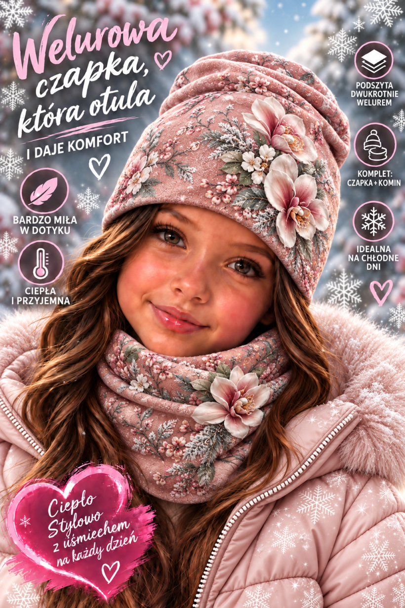 Komplet welurowy dziewczęcy czapka + komin - Kwiaty zimowe