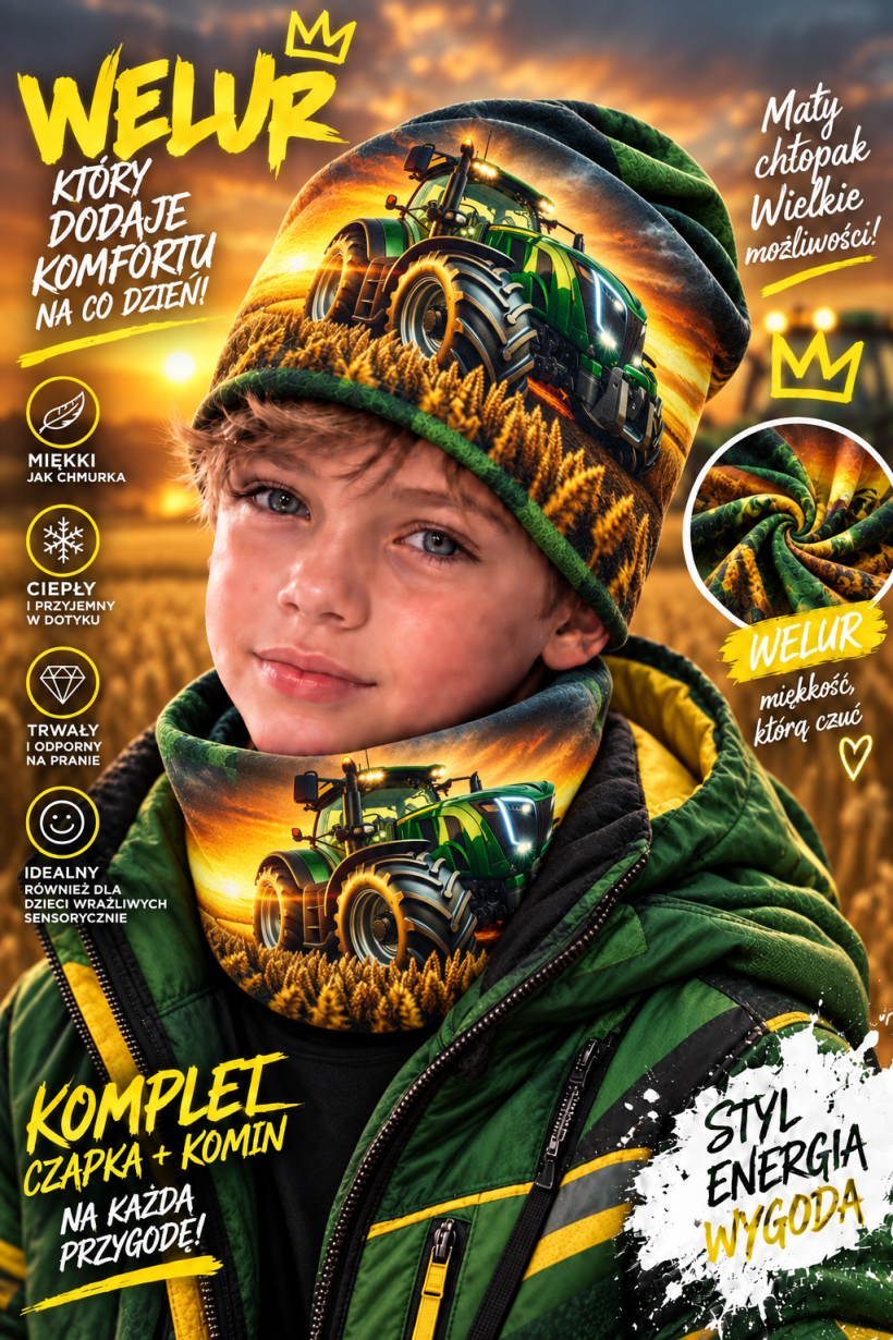 Komplet welurowy chłopięcy czapka + komin - Traktor zielony