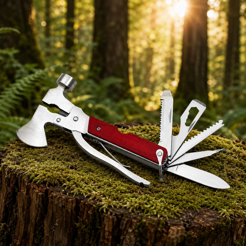 Narzędzie wielofunkcyjne multitool scyzoryk piła młotek siekiera etui stal