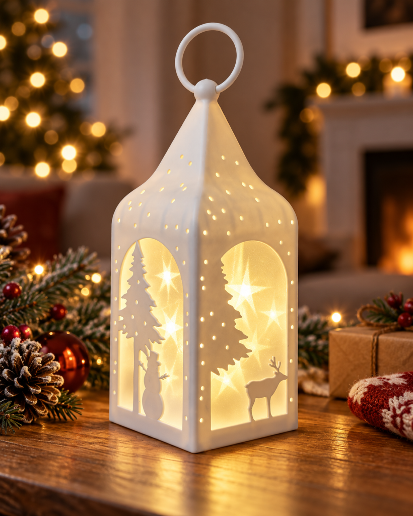 Latarenka dekoracyjna LED biała 25 cm, zimowy lampion na baterie 2x AA