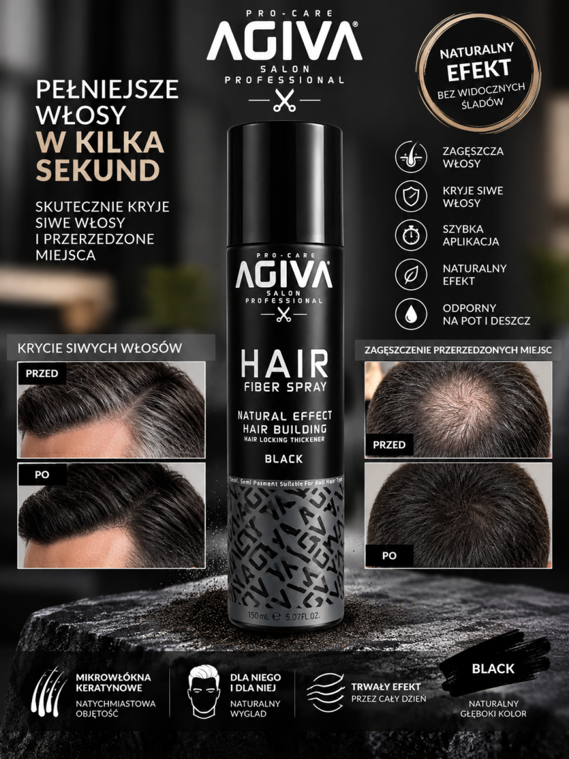 Korektor siwych włosów, zagęszczenie włosów - AGIVA Hair Fiber Spray BLACK 150 ml