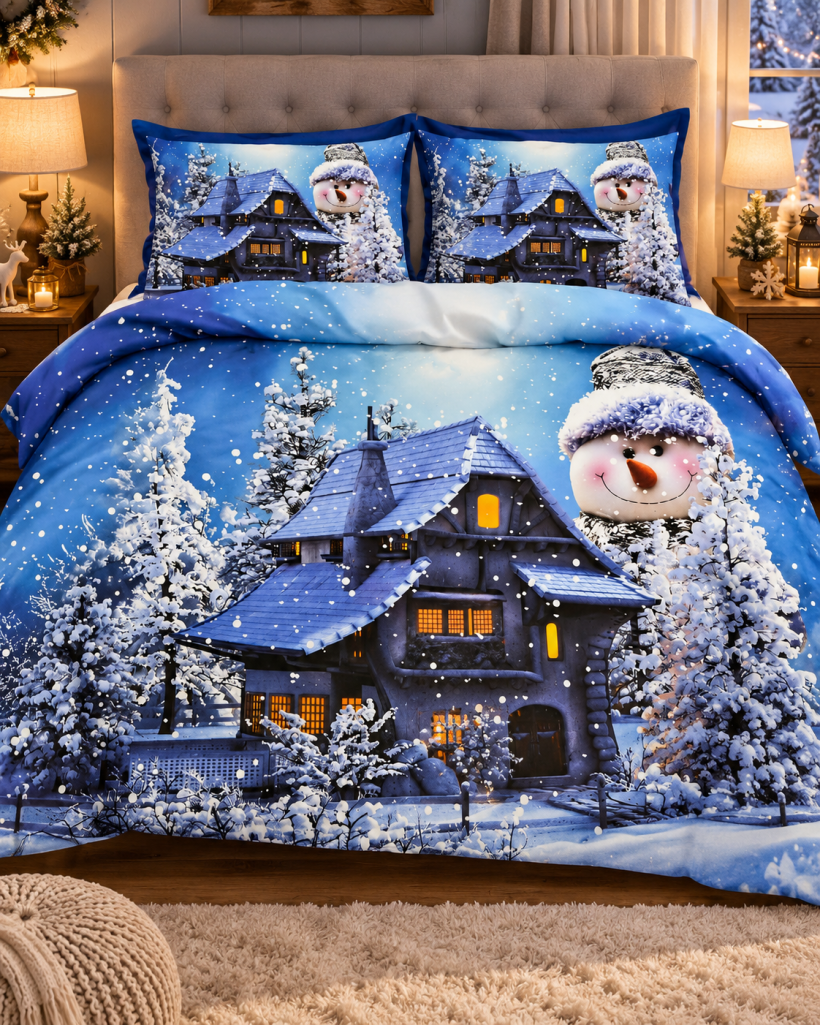 Komplet pościeli świątecznej 3cz.3D z bałwankiem i domkiem 200x220cm