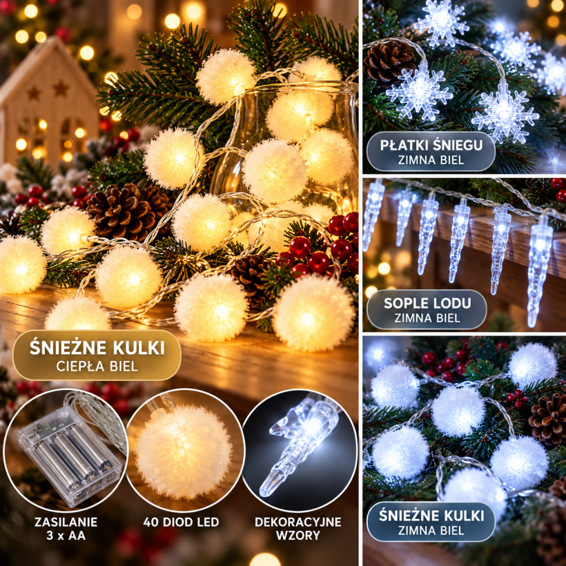  Lampki choinkowe LED 40 szt. na baterie, dekoracyjne świąteczne, różne wzory