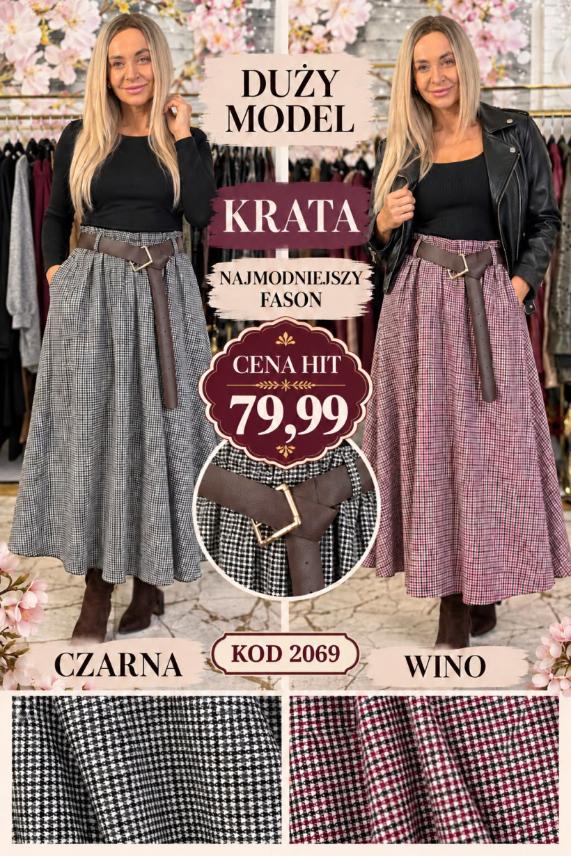 SPÓDNICA W PEPITKĘ 2069 RB18 %PROMOCJA DNIA