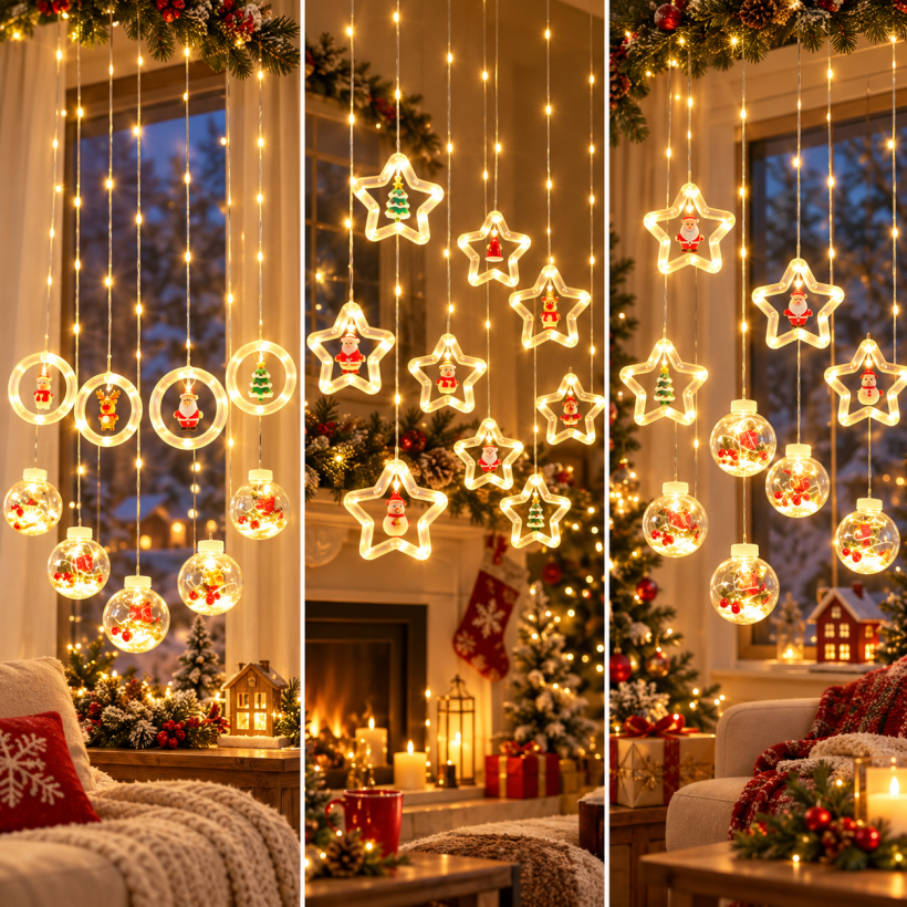 Kurtyna świąteczna LED 300x150 cm, świecące kule, gwiazdki i figurki, różne wzory