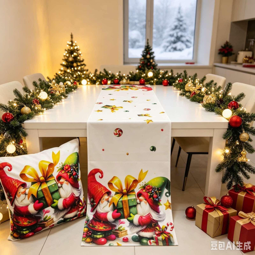 Świąteczny bieżnik na stół HM60-38 Mikołaje z prezentami świątecznymi