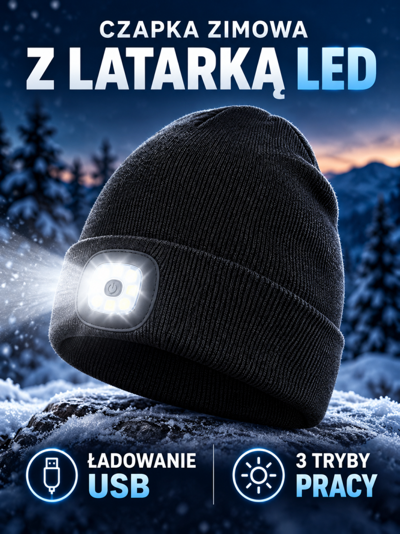 Czapka zimowa z latarką LED czołówka USB ładowana 3 tryby pracy