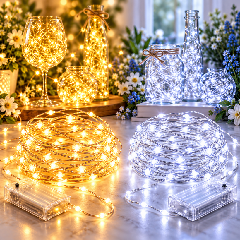  Lampki LED na druciku, łańcuch świetlny 50 LED, 5 m, ciepły lub zimny biały 