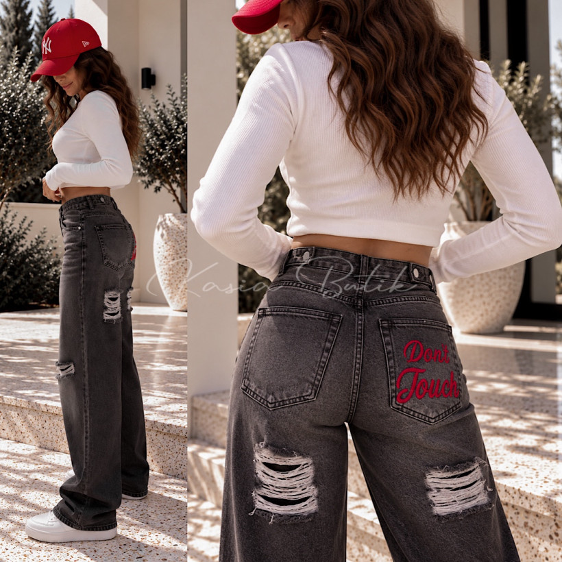Jeansy z bawełną WIDE LEG PREMIUM • DON'T TOUCH - grafitowe 