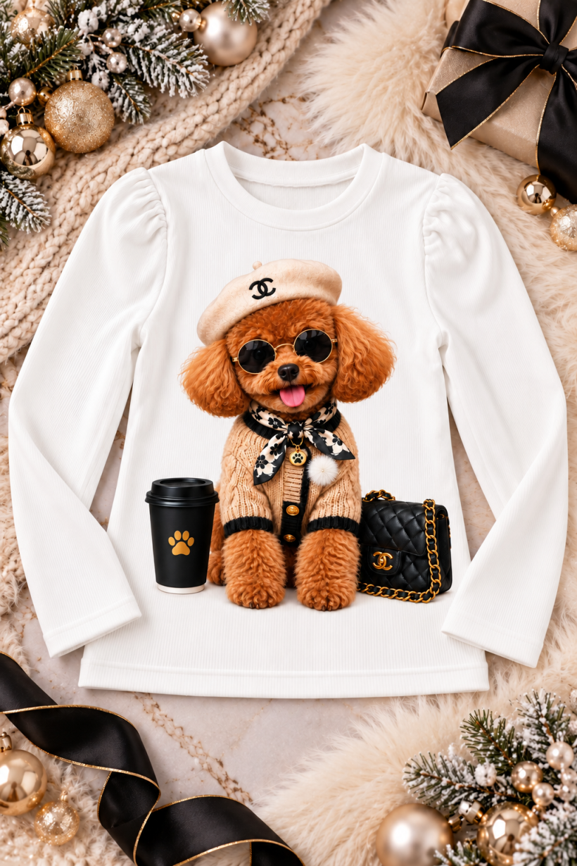 Z Bluzeczka prążek BROSZKA odpinana pomponik JZH1004-2- ECRU/BIAŁY- piesek brązowy w berecie cc
