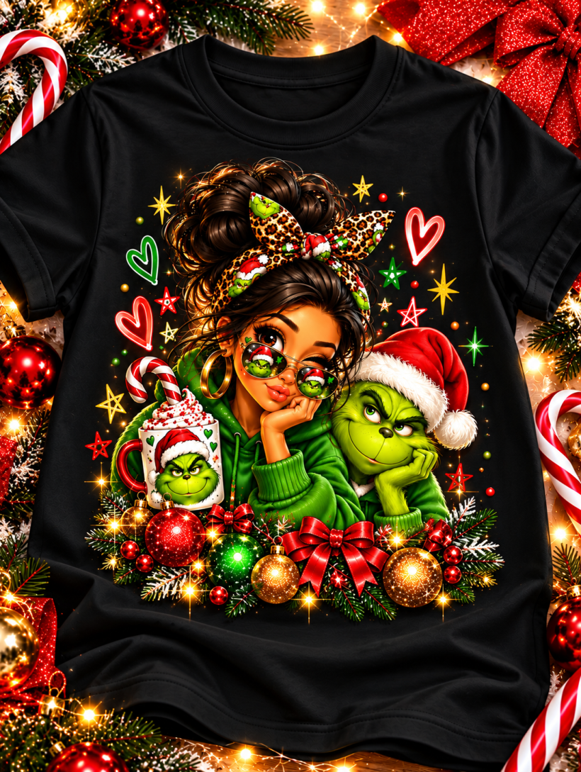 ZA T-shirt CZARNY- dziewczyna w okularach z kubkiem i z Grinchem 