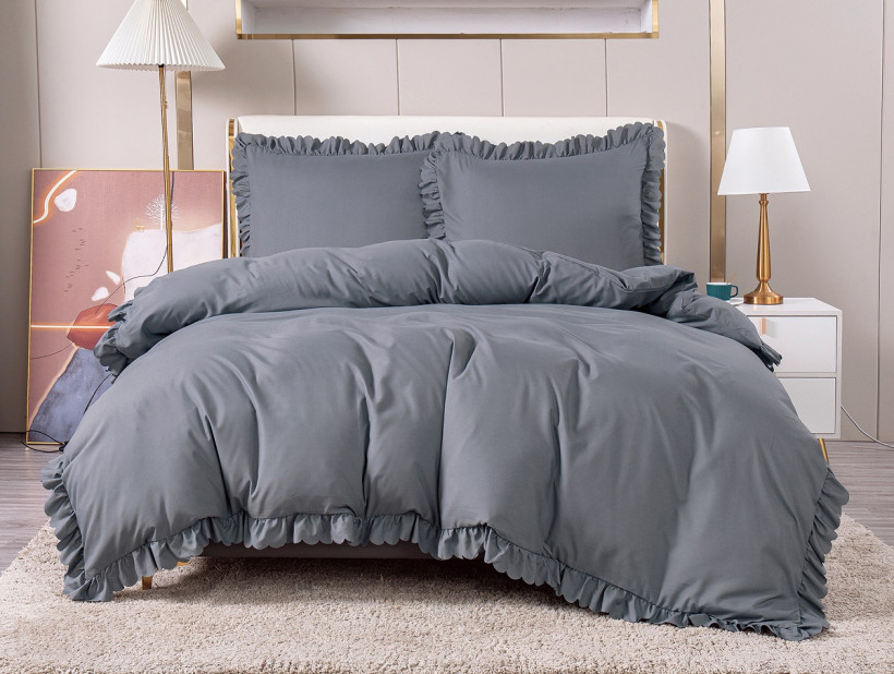 Pościel z falbankami 200x220cm CIEMNY SZARY mikrofibra 100% FFB-2596