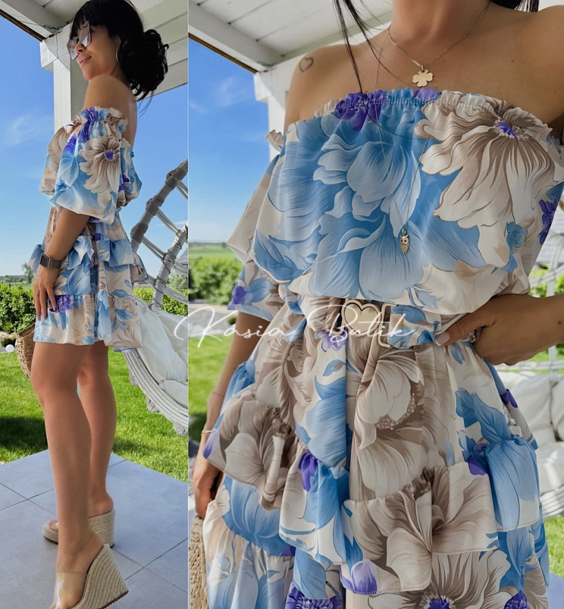 Sukienka Hiszpanka Mini Salma Niebiesko&Beżowa