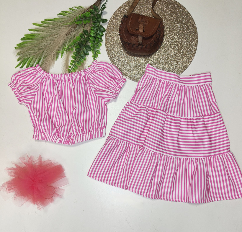 komplet paski bluzka + spódniczka różowy