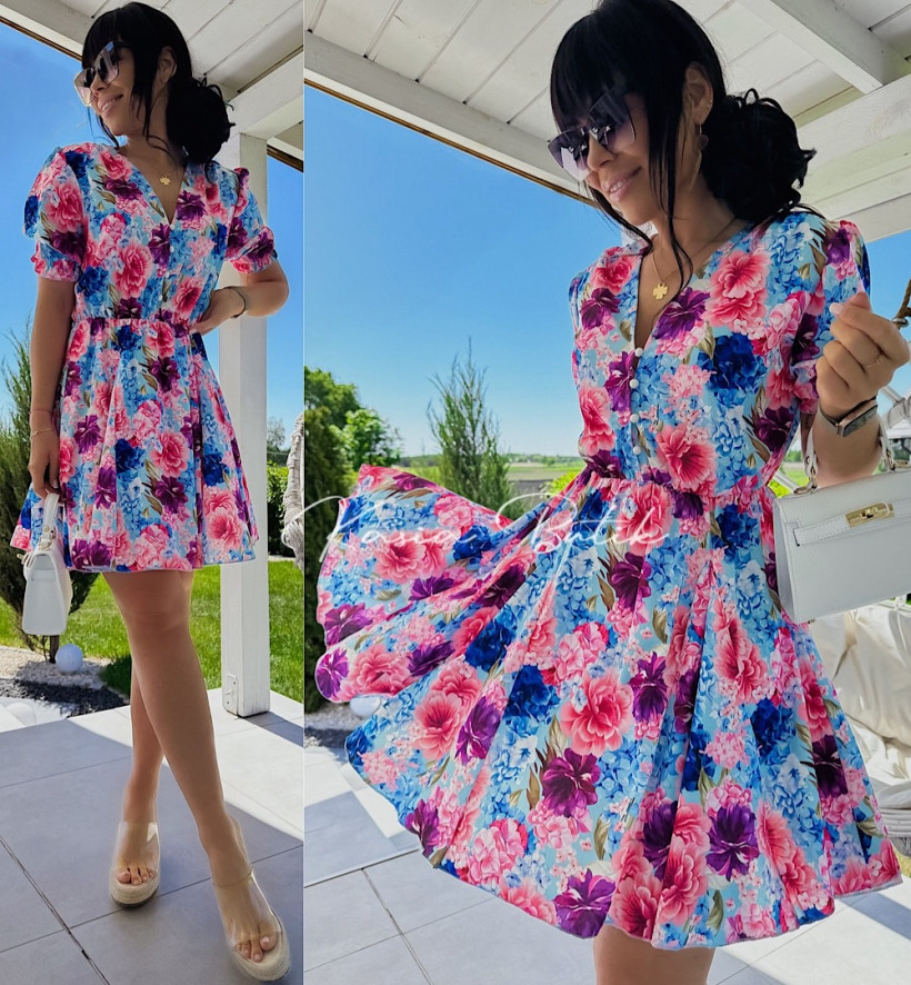 Sukienka Mini Adisson na Krótki Rękaw Niebiesko&Różowa