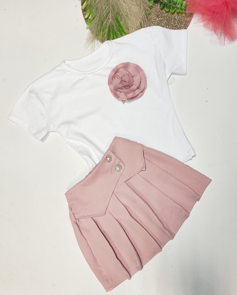 Komplet róża spódniczka plis + bluzka puder