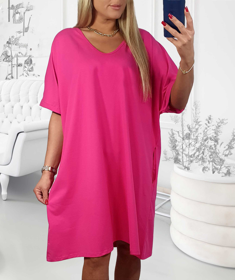 Bawełniana Sukienka Big Size z Kieszeniami fuksja