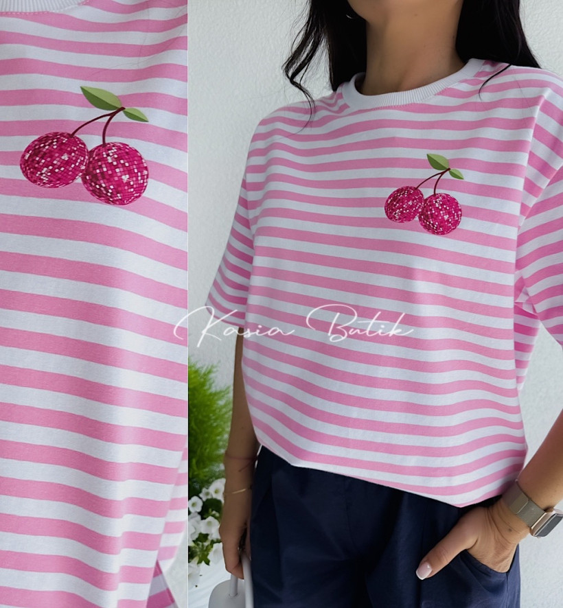 T-shirty Bawełniany Disco Wisienka Biało&Różowa