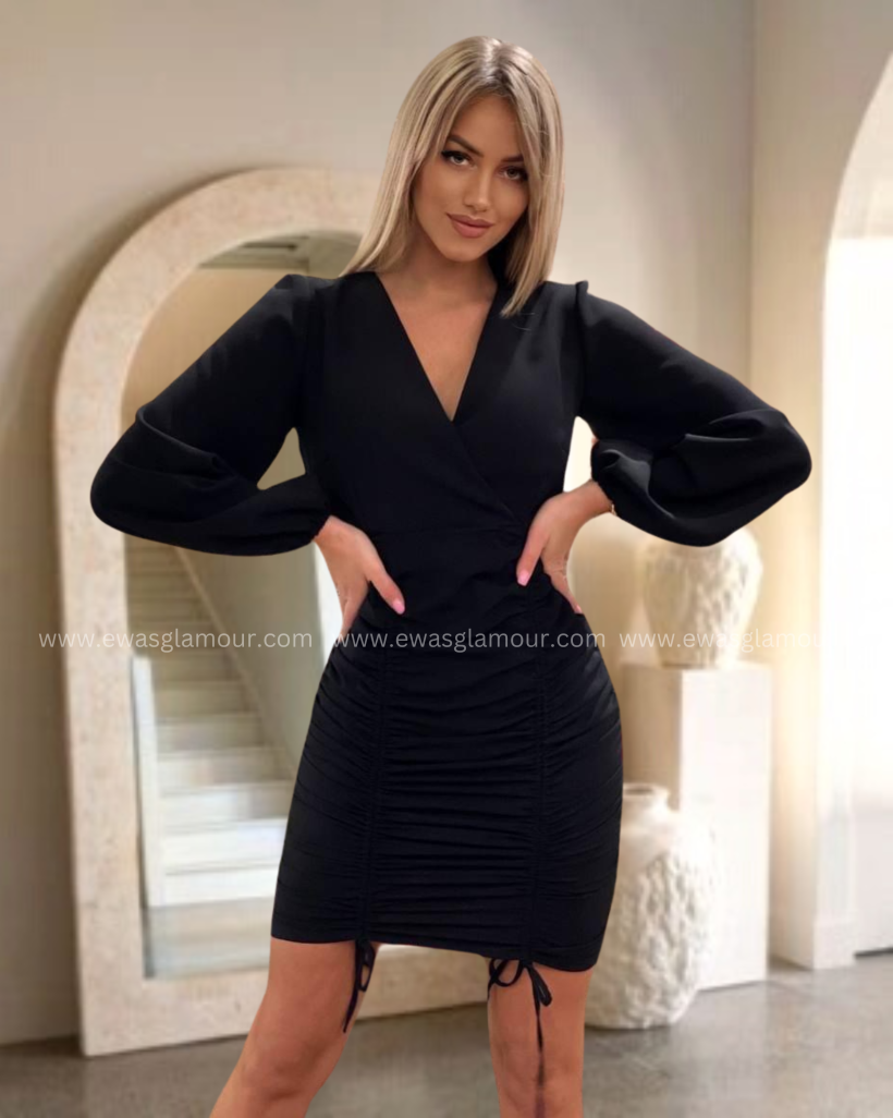 mini ruched long sleeve dress black - Ewa`s Glamour Boutique