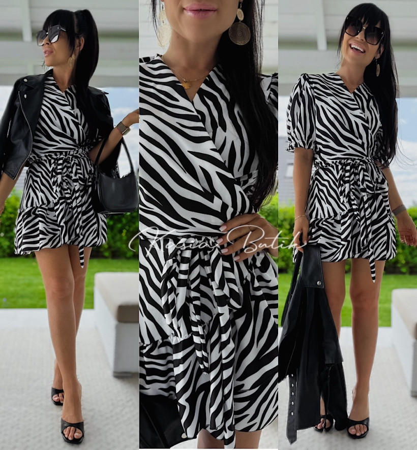 Sukienka Mini Wiązana Sophia na Krótki Rękaw Zebra