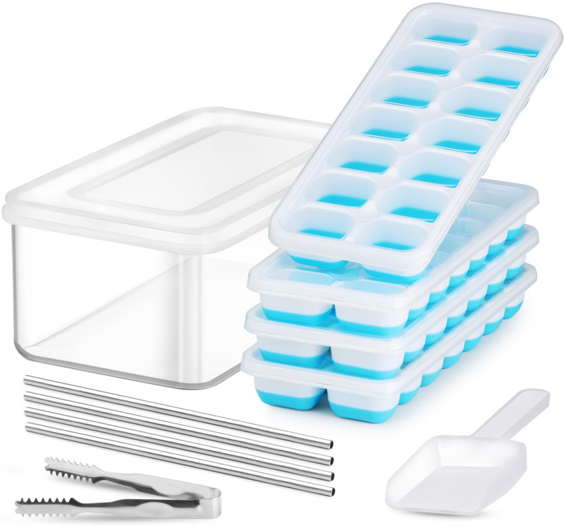 Silikonowa tacka na kostki lodu z pojemnikiem z pokrywką