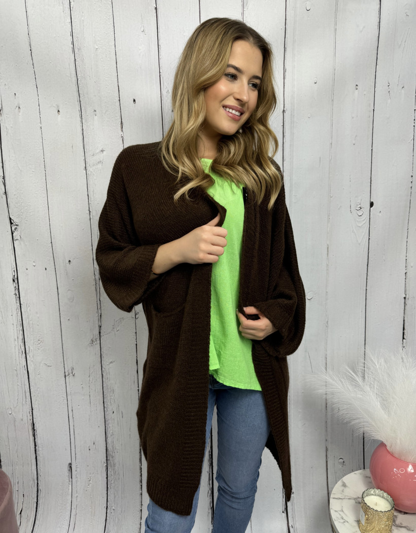 Czekoladowy sweter kardigan kieszonki