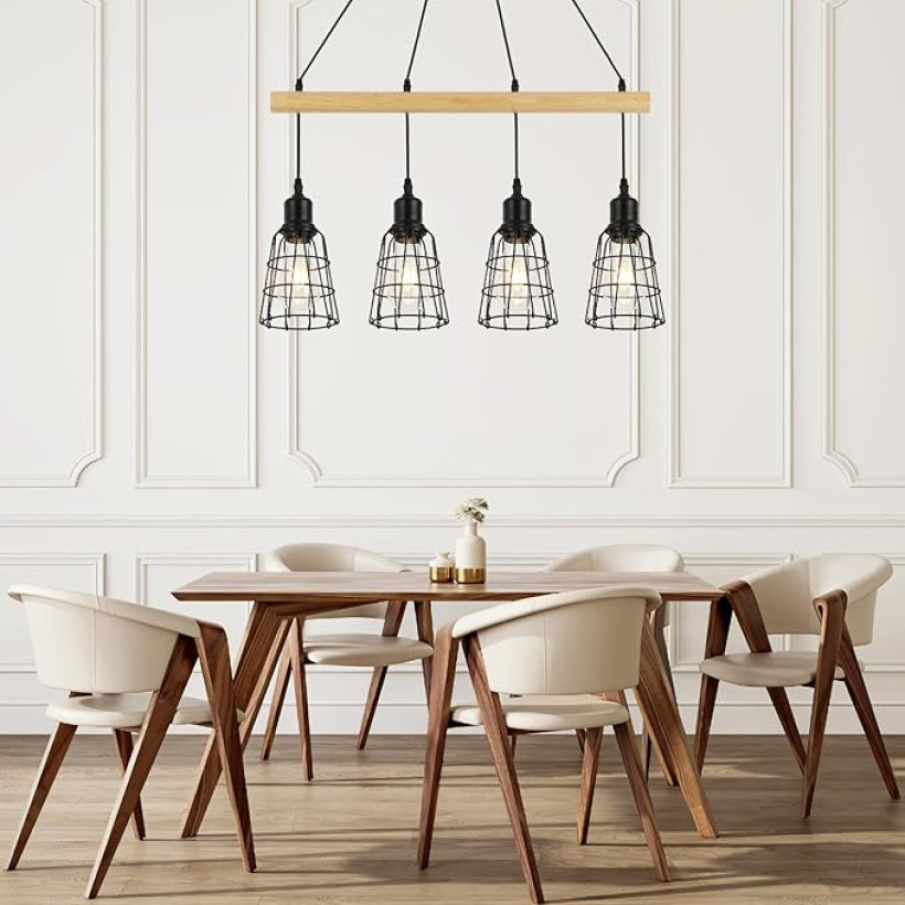 Drewniana lampa wisząca 4 żarówk