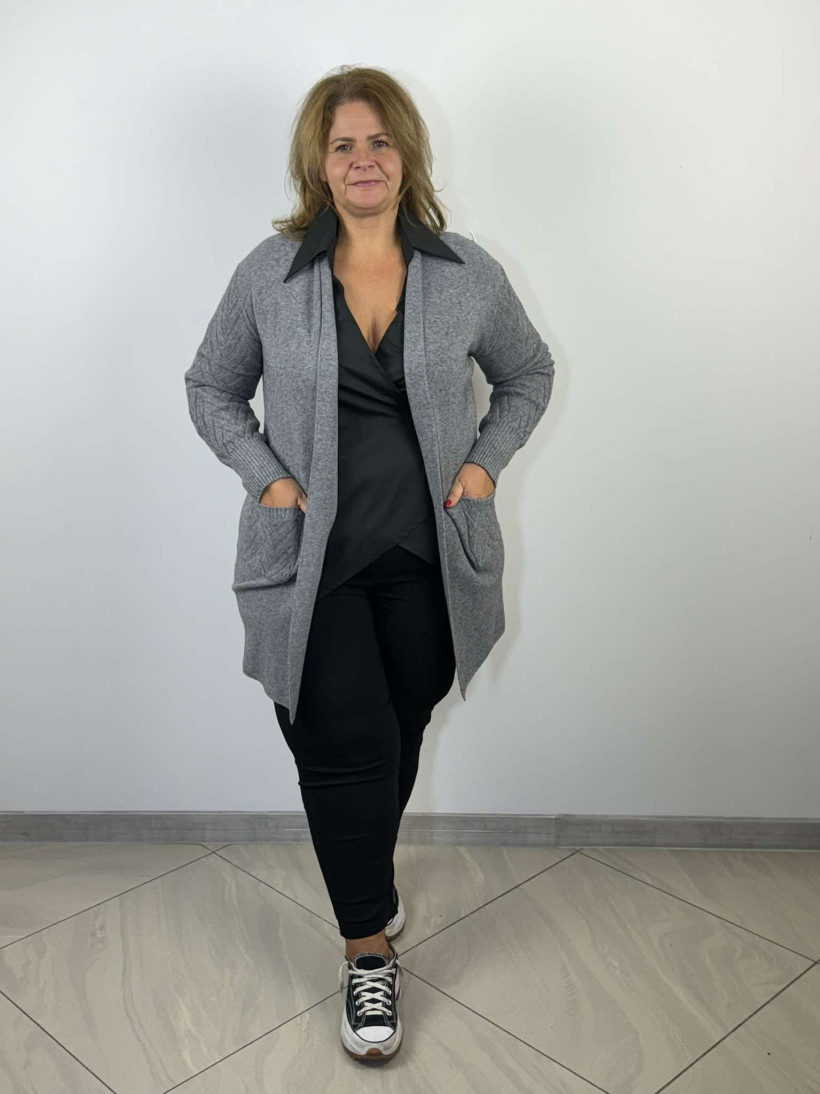 Kardigan rękawy i kieszenie wzorowane - E-WOMAN - 1787 - siwy. Promocja