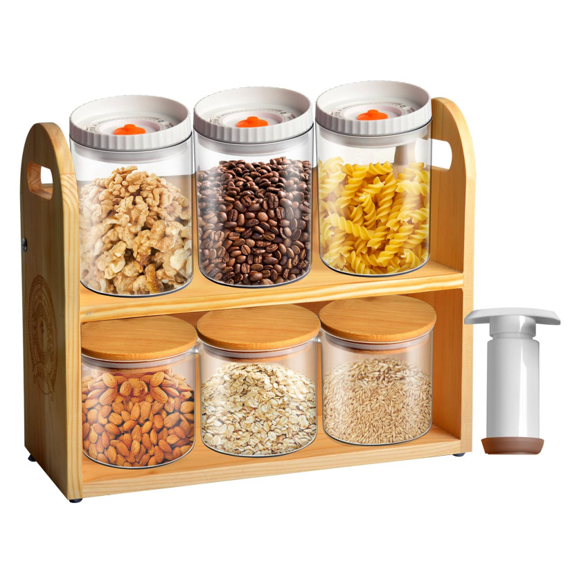 Zestaw 6 słoików do przechowywania z POKRYWKAM i stojakiem