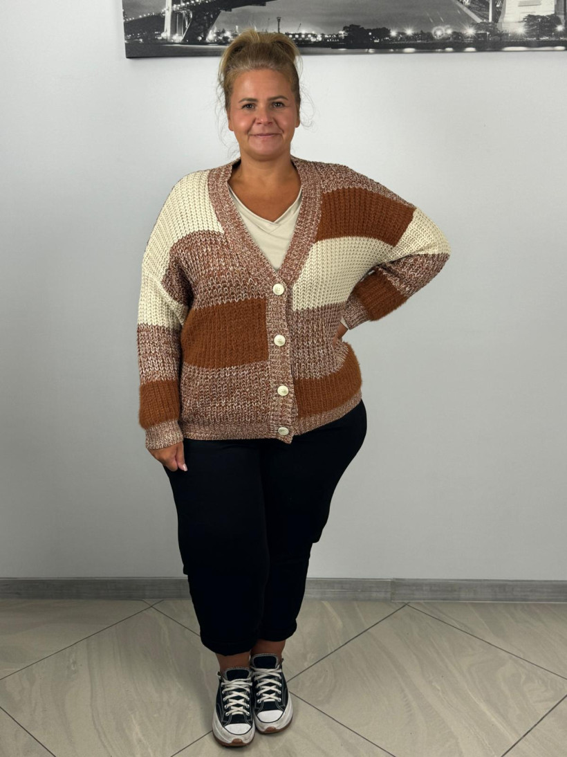 Sweter melanżowy w pasy rozpinany na guziki - Wiya 216 - brązowy