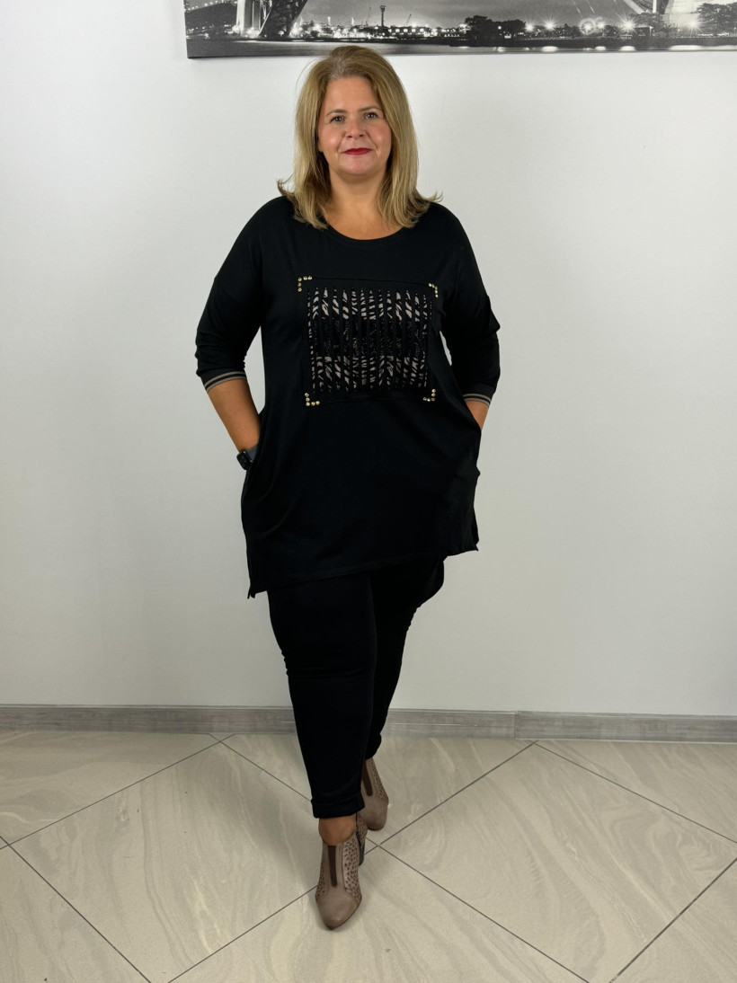 Tunika bawełniana boki dłuższe, wzór KOSTKA - FS - 60300 - czarna